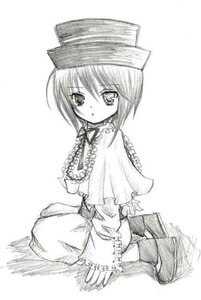 Rating: Safe Score: 0 Tags: 1girl capelet full_body greyscale hat image long_sleeves looking_at_viewer monochrome short_hair sitting solo souseiseki User: admin