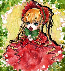 Rating: Safe Score: 0 Tags: 1girl blonde_hair blue_eyes bonnet bow bowtie dress flower frills green_bow image long_hair long_sleeves looking_at_viewer red_dress rose shinku sitting solo twintails User: admin