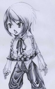 Rating: Safe Score: 0 Tags: 1girl :d breasts frills greyscale image long_sleeves monochrome open_mouth short_hair smile solo souseiseki standing traditional_media User: admin