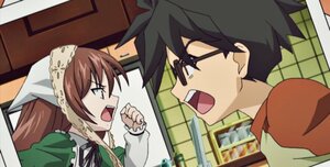 Rating: Safe Score: 0 Tags: 1boy 1girl apron black_hair brown_hair head_scarf image long_hair open_mouth profile solo spiked_hair suiseiseki User: admin