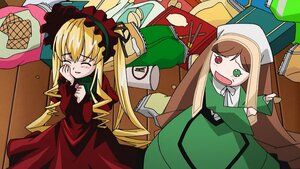 Rating: Safe Score: 0 Tags: 2girls blonde_hair bonnet closed_eyes cup dress drill_hair food green_dress head_scarf heterochromia image long_hair multiple_girls pair shinku suiseiseki twintails very_long_hair User: admin