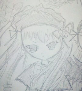 Rating: Safe Score: 0 Tags: 1girl auto_tagged bow frills greyscale image long_hair looking_at_viewer monochrome shinku simple_background sketch solo traditional_media User: admin