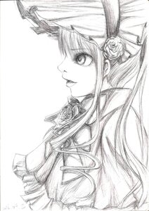 Rating: Safe Score: 0 Tags: 1girl dress flower greyscale hat image long_hair monochrome profile ribbon rose shinku smile solo traditional_media User: admin