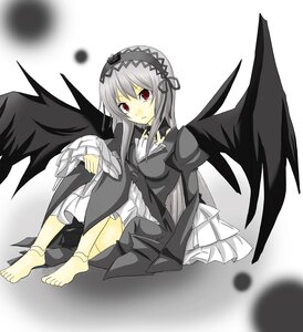 Rating: Safe Score: 0 Tags: 1girl barefoot black_dress black_wings dress flower frills full_body hairband image jewelry joints long_hair long_sleeves looking_at_viewer red_eyes rose silver_hair sitting solo suigintou wings User: admin