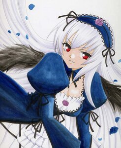 Rating: Safe Score: 0 Tags: 1girl black_wings breasts cleavage detached_collar dress feathers flower frills hairband image long_hair long_sleeves looking_at_viewer marker_(medium) petals puffy_sleeves red_eyes ribbon rose rose_petals silver_hair smile solo suigintou traditional_media wings User: admin