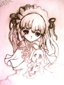 Rating: Safe Score: 0 Tags: 1girl dress image long_hair long_sleeves looking_at_viewer monochrome shinku solo stuffed_animal upper_body very_long_hair User: admin