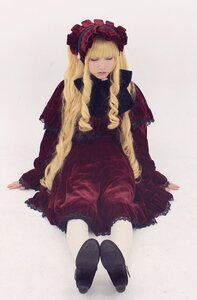 Rating: Safe Score: 0 Tags: 1girl bangs blonde_hair closed_eyes dress long_hair long_sleeves red_dress shinku sitting solo User: admin