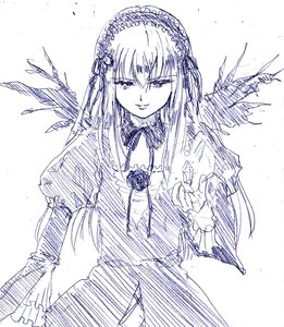 Rating: Safe Score: 0 Tags: 1girl dress flower frills hairband image long_hair long_sleeves looking_at_viewer monochrome ribbon rose simple_background solo suigintou traditional_media white_background wings User: admin