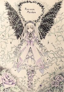 Rating: Safe Score: 0 Tags: 1girl dress flower hairband image long_hair long_sleeves looking_at_viewer monochrome outdoors pink_rose red_rose ribbon rose smile solo suigintou wings User: admin