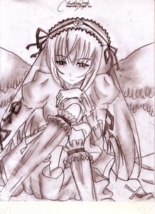 Rating: Safe Score: 0 Tags: 1girl blush dress frilled_sleeves frills hairband image lolita_hairband long_hair long_sleeves looking_at_viewer monochrome puffy_sleeves ribbon sitting smile solo suigintou traditional_media wings User: admin