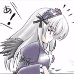 Rating: Safe Score: 0 Tags: 1girl blush dress frills hairband image long_hair long_sleeves mosaic_censoring silver_hair solo suigintou white_background wings User: admin