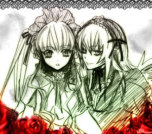 Rating: Safe Score: 0 Tags: 2girls bowtie dress flower frills hairband image long_hair long_sleeves looking_at_viewer monochrome multiple_girls pair rose shinku smile suigintou upper_body wings User: admin