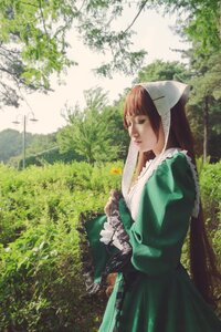 Rating: Safe Score: 0 Tags: 1girl apron bangs brown_hair closed_mouth day dress green_dress lips long_hair long_sleeves outdoors solo suiseiseki tree User: admin