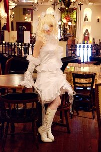 Rating: Safe Score: 0 Tags: 1girl bare_shoulders blonde_hair boots chair dress gloves high_heels indoors kirakishou sitting solo white_dress User: admin