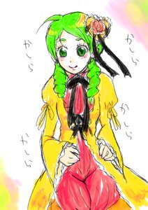 Rating: Safe Score: 0 Tags: 1girl braid cowboy_shot flower frills green_eyes green_hair hair_flower image kanaria long_sleeves ribbon rose smile solo twin_braids User: admin