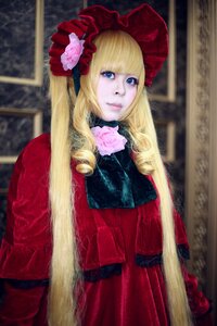 Rating: Safe Score: 0 Tags: 1girl bangs blonde_hair blue_eyes blurry bonnet bow dress drill_hair flower lips long_hair looking_at_viewer photo red_dress rose shinku solo twintails User: admin