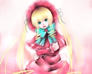 Rating: Safe Score: 0 Tags: 1girl blonde_hair bonnet capelet dress flower green_eyes image long_hair long_sleeves looking_at_viewer pink_rose red_capelet red_dress rose shinku solo standing very_long_hair User: admin