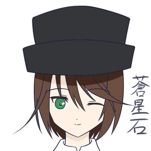 Rating: Safe Score: 0 Tags: 1girl ;) bangs black_headwear brown_hair character_name closed_mouth collared_shirt eyebrows_visible_through_hair green_eyes hair_between_eyes hat image looking_at_viewer one_eye_closed portrait shirt short_hair simple_background smile solo souseiseki white_background white_shirt User: admin