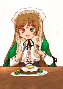 Rating: Safe Score: 0 Tags: 1girl :d brown_hair dress food fork green_eyes head_scarf heterochromia image long_hair long_sleeves looking_at_viewer open_mouth plate rice smile solo suiseiseki table very_long_hair User: admin