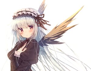 Rating: Safe Score: 0 Tags: 1girl angel_wings bangs black_dress black_ribbon black_wings blunt_bangs blush breasts commentary_request dress eyebrows_visible_through_hair feathered_wings feathers hairband highres image juliet_sleeves lolita_fashion lolita_hairband long_hair long_sleeves looking_at_viewer maid_headdress neck_ribbon puffy_sleeves red_eyes ribbon rozen_maiden silver_hair simple_background solo solo_wing striped suigintou upper_body usamata v_arms very_long_hair white_background white_wings wings User: admin
