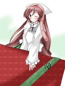 Rating: Safe Score: 0 Tags: 1girl blush brown_hair dress head_scarf image long_hair long_sleeves looking_at_viewer monster_girl one_eye_closed red_eyes solo suiseiseki tattoo very_long_hair User: admin