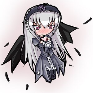Rating: Safe Score: 0 Tags: 1girl black_wings blush dress feathers flower frills gradient gradient_background hairband image lolita_hairband long_hair long_sleeves pink_eyes rose silver_hair solo suigintou wings User: admin