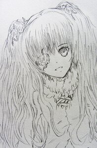 Rating: Safe Score: 0 Tags: 1girl eyepatch flower frills greyscale hair_ornament image kirakishou long_hair looking_at_viewer monochrome simple_background solo traditional_media upper_body white_background User: admin