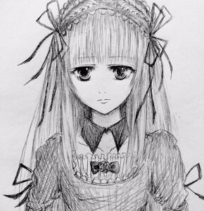 Rating: Safe Score: 0 Tags: 1girl auto_tagged frills greyscale hair_ribbon image long_hair looking_at_viewer monochrome ribbon solo suigintou traditional_media upper_body User: admin