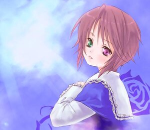 Rating: Safe Score: 0 Tags: 1girl blush flower frills green_eyes heterochromia image long_sleeves looking_at_viewer looking_back rose short_hair solo souseiseki upper_body User: admin