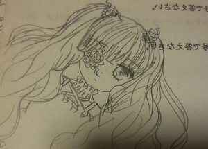 Rating: Safe Score: 0 Tags: 1girl eyebrows_visible_through_hair flower hair_flower hair_ornament image kirakishou long_hair looking_at_viewer monochrome photo simple_background solo traditional_media twintails User: admin