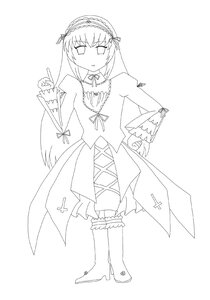 Rating: Safe Score: 0 Tags: 1girl boots detached_collar dress frills full_body greyscale hairband image lineart long_hair long_sleeves looking_at_viewer monochrome ribbon simple_background solo standing striped suigintou very_long_hair white_background User: admin