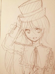 Rating: Safe Score: 0 Tags: 1girl animal_ears cat_ears dress frills hat image long_hair long_sleeves looking_at_viewer monochrome sketch smile solo souseiseki User: admin