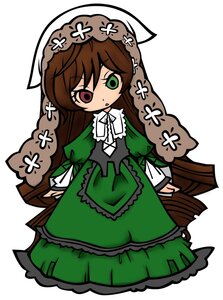 Rating: Safe Score: 0 Tags: 1girl brown_hair chibi dress flower frills full_body green_dress green_eyes heterochromia image long_hair long_sleeves red_eyes ribbon simple_background solo standing suiseiseki very_long_hair white_background User: admin