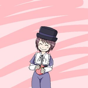 Rating: Safe Score: 0 Tags: 1girl blush brown_hair closed_eyes dress frills hat image long_sleeves ribbon short_hair smile solo souseiseki striped striped_background top_hat vertical_stripes User: admin