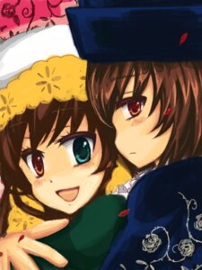 Rating: Safe Score: 0 Tags: 2girls :d blush brown_hair flower hat image long_sleeves looking_at_viewer multiple_girls open_mouth pair red_eyes short_hair siblings sisters smile souseiseki suiseiseki User: admin