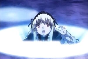 Rating: Safe Score: 0 Tags: 1girl black_ribbon blurry_background dress frills hairband image long_hair long_sleeves looking_at_viewer open_mouth silver_hair solo suigintou User: admin