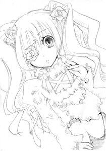 Rating: Safe Score: 0 Tags: 1girl :o blush dress eyepatch flower frills hair_flower hair_ornament image kirakishou long_hair long_sleeves looking_at_viewer monochrome rose simple_background solo torn_clothes upper_body User: admin