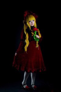 Rating: Safe Score: 0 Tags: 1girl black_background blonde_hair blue_eyes bonnet dress flower full_body long_hair long_sleeves looking_at_viewer pantyhose red_dress rose shinku shoes simple_background solo standing very_long_hair User: admin