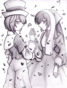 Rating: Safe Score: 0 Tags: 2girls artist_name dress flower greyscale hat image long_hair long_sleeves monochrome multiple_girls pair petals rose_petals short_hair souseiseki suiseiseki traditional_media User: admin