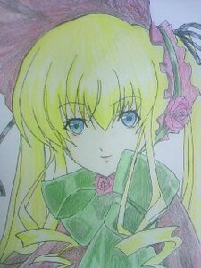 Rating: Safe Score: 0 Tags: 1girl bangs blonde_hair blue_eyes bowtie closed_mouth flower image long_hair long_sleeves looking_at_viewer marker_(medium) photo ribbon rose shinku smile solo traditional_media upper_body User: admin