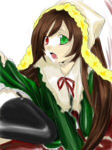 Rating: Safe Score: 0 Tags: 1girl black_legwear brown_hair dress flat_chest frills green_dress green_eyes heterochromia image long_hair long_sleeves looking_at_viewer open_mouth red_eyes ribbon solo suiseiseki thighhighs very_long_hair User: admin