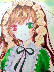 Rating: Safe Score: 0 Tags: 1girl auto_tagged bangs brown_hair closed_mouth dress flower frills green_dress green_eyes hat heterochromia image long_hair looking_at_viewer marker_(medium) pink_flower pink_rose ribbon rose smile solo suiseiseki traditional_media watercolor_(medium) white_rose User: admin
