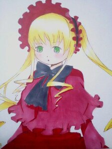Rating: Safe Score: 0 Tags: 1girl :o bangs blonde_hair blush capelet dress frills green_eyes image lolita_fashion long_hair long_sleeves looking_at_viewer red_capelet red_dress shinku sidelocks simple_background solo traditional_media twintails upper_body User: admin