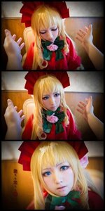 Rating: Safe Score: 0 Tags: 1girl blonde_hair blue_eyes bonnet bow comic dress expressionless flower long_hair looking_at_viewer multiple_girls photo pink_bow red_dress sad shinku solo User: admin