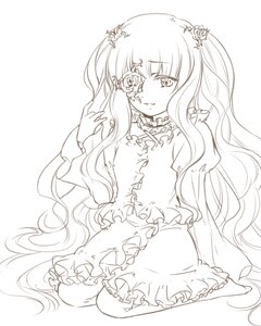 Rating: Safe Score: 0 Tags: 1girl dress eyepatch flower frills greyscale hair_flower image kirakishou long_hair long_sleeves looking_at_viewer monochrome rose sitting solo very_long_hair User: admin