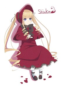 Rating: Safe Score: 0 Tags: 1girl black_footwear blonde_hair blue_eyes bonnet bow dress flower full_body image long_hair long_sleeves looking_at_viewer petals red_dress shinku shoes solo striped twintails very_long_hair User: admin