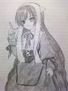 Rating: Safe Score: 0 Tags: 1girl dress frills greyscale image index_finger_raised long_hair long_sleeves looking_at_viewer monochrome ribbon simple_background smile solo suiseiseki traditional_media very_long_hair User: admin
