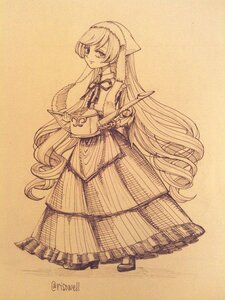 Rating: Safe Score: 0 Tags: 1girl auto_tagged dress full_body hat image long_hair long_sleeves looking_at_viewer monochrome smile solo suiseiseki traditional_media very_long_hair User: admin