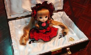 Rating: Safe Score: 0 Tags: 1girl blonde_hair blue_eyes bow doll dress flower long_hair looking_at_viewer red_dress shinku shoes sitting solo twintails User: admin