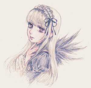 Rating: Safe Score: 0 Tags: 1girl bangs closed_mouth eyelashes hairband image lips long_hair looking_at_viewer portrait ribbon simple_background solo suigintou traditional_media upper_body white_hair User: admin